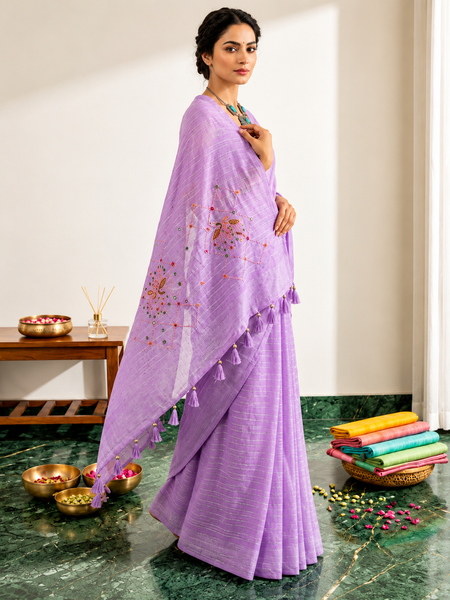 Lavender Linen Cotton Blend Embroidered Saree