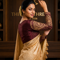 The Royal Festive Curated Set: Premium Golden Tussar Saree and Wine Zardozi Blouse