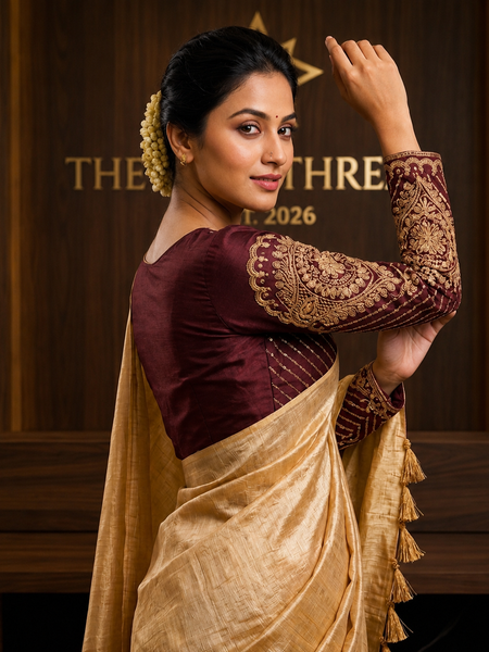 The Royal Festive Curated Set: Premium Golden Tussar Saree and Wine Zardozi Blouse