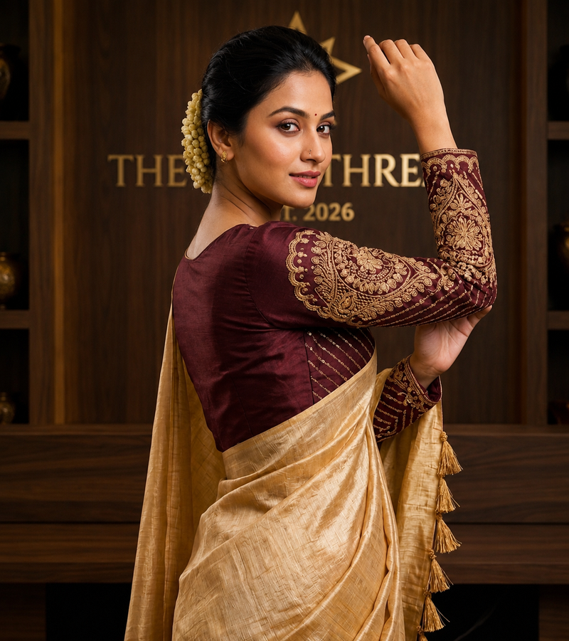 The Royal Festive Curated Set: Premium Golden Tussar Saree and Wine Zardozi Blouse
