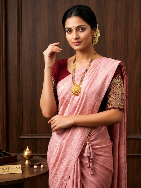 Soft Pink Saree with Royal Maroon Embroidered Blouse