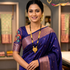 Regal Violet Silk Paithani Saree | Rose Gold Zari Border & Embroidered Designer Blouse