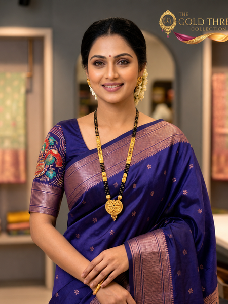 Regal Violet Silk Paithani Saree | Rose Gold Zari Border & Embroidered Designer Blouse