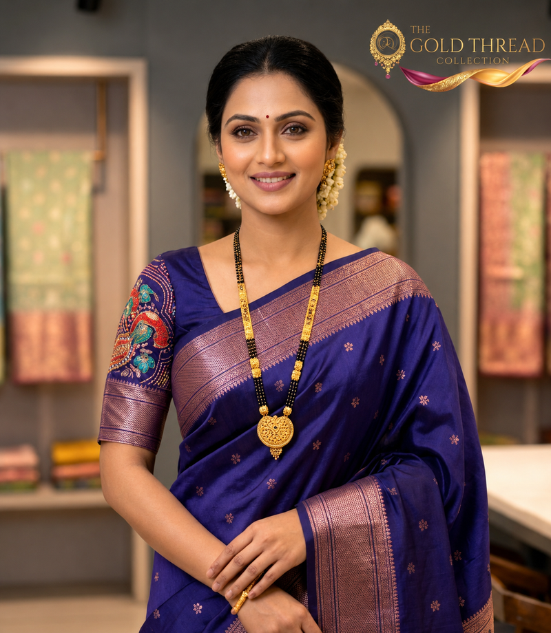 Regal Violet Silk Paithani Saree | Rose Gold Zari Border & Embroidered Designer Blouse