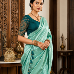 Sea Green Satin Saree with Designer Dark Green Embroidered Blouse