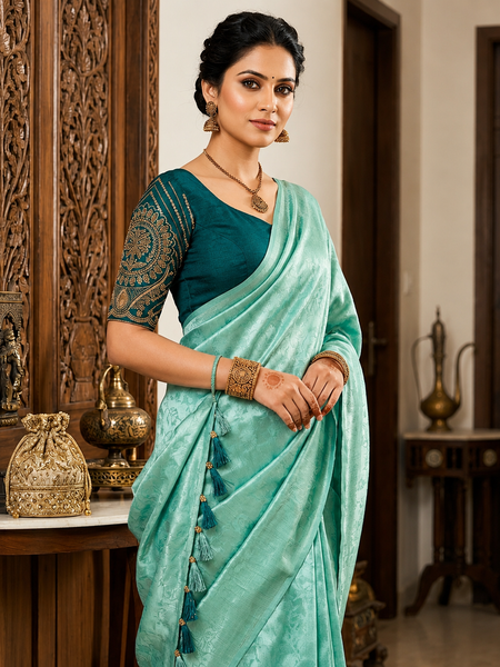 Sea Green Satin Saree with Designer Dark Green Embroidered Blouse