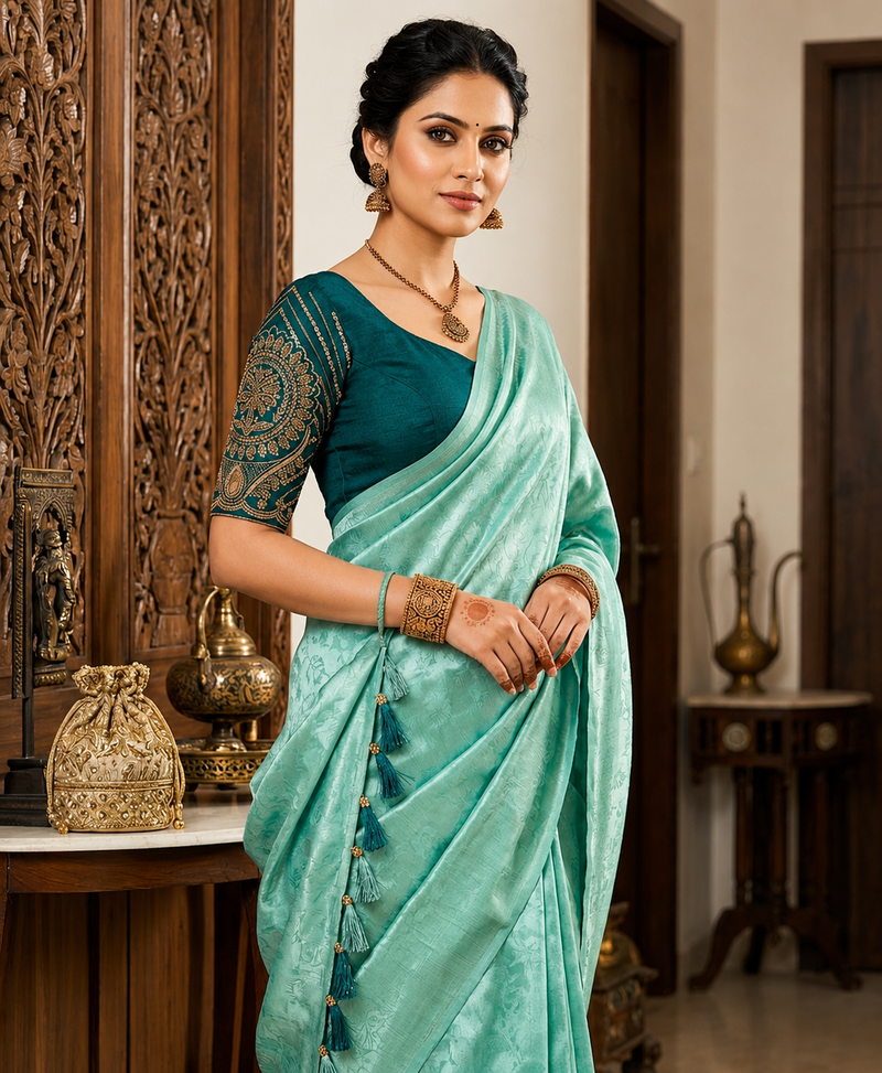 Sea Green Satin Saree with Designer Dark Green Embroidered Blouse