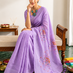 Lavender Linen Cotton Blend Embroidered Saree