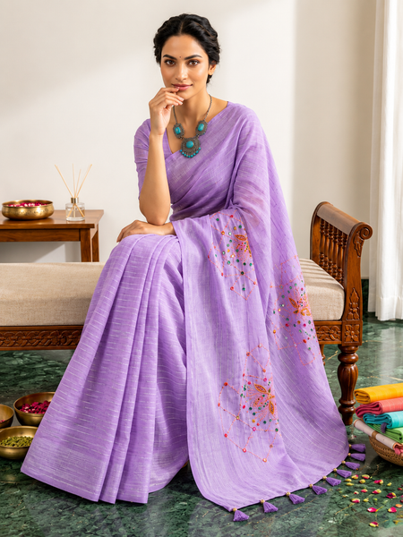 Lavender Linen Cotton Blend Embroidered Saree