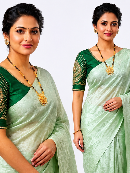 Ethereal Mint Green Tissue Silk Saree | Subtle Gold Zari & Tassel Detailing