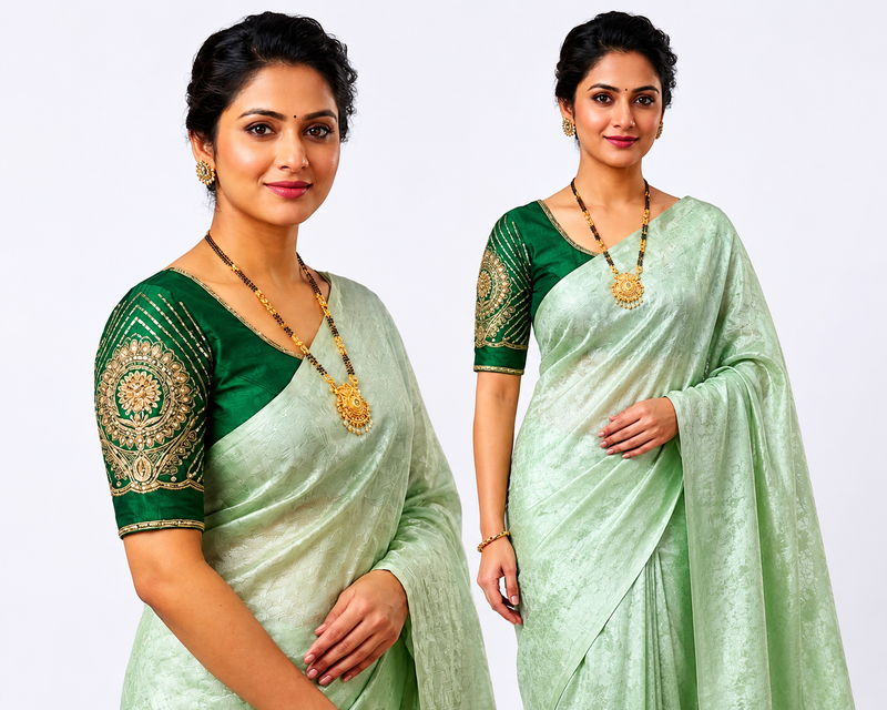 Ethereal Mint Green Tissue Silk Saree | Subtle Gold Zari & Tassel Detailing
