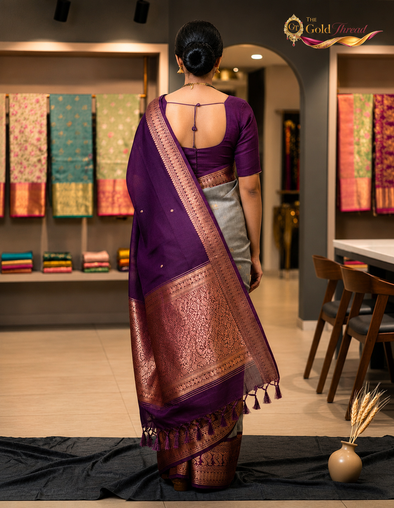 Royal Purple & Silver Silk Saree with Rich Zari Border | The Gold Thread