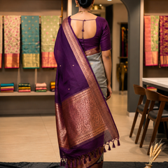 Royal Purple & Silver Silk Saree with Rich Zari Border | The Gold Thread