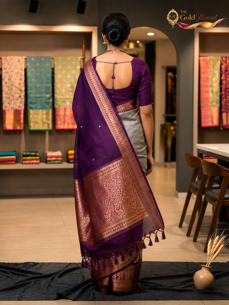 Royal Purple & Silver Silk Saree with Rich Zari Border | The Gold Thread