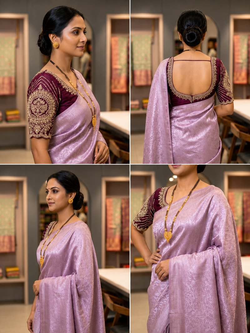 Exquisite Lavender Silk Katan Saree | Self-Weaved Jacquard Texture & Heavy Embroidered Wine Blouse