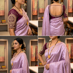Exquisite Lavender Silk Katan Saree | Self-Weaved Jacquard Texture & Heavy Embroidered Wine Blouse