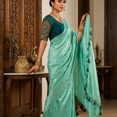 Sea Green Satin Saree with Designer Dark Green Embroidered Blouse