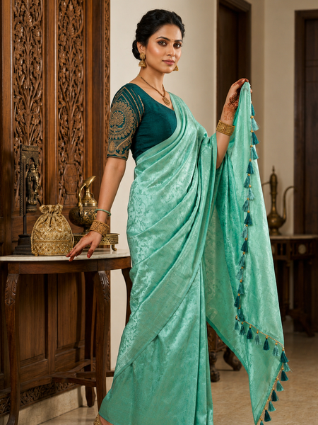 Sea Green Satin Saree with Designer Dark Green Embroidered Blouse