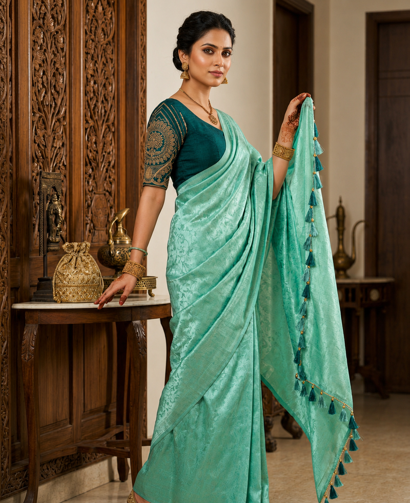 Sea Green Satin Saree with Designer Dark Green Embroidered Blouse