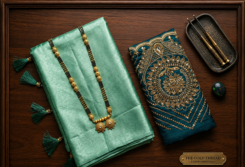 Sea Green Satin Saree with Designer Dark Green Embroidered Blouse