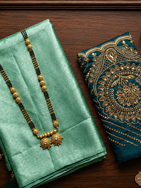Sea Green Satin Saree with Designer Dark Green Embroidered Blouse